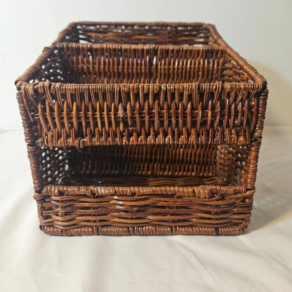 Vintage Brown Wicker Desk Organizer 2-Compartment Woven Mail Sort Basket Rustic